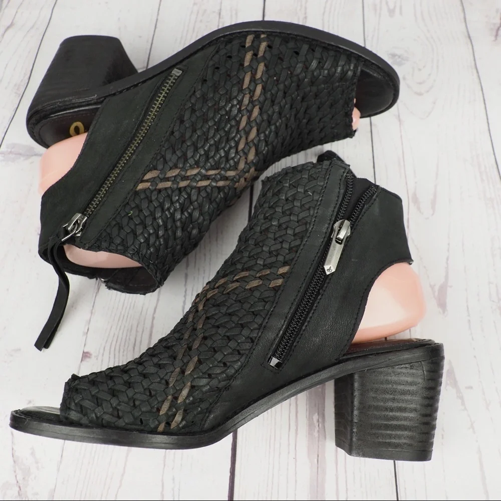 Sam Edelman Cooper 7 black woven leather peeptoe booties